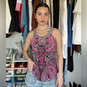 INC International Concepts Pink Paisley Beaded Halter Top